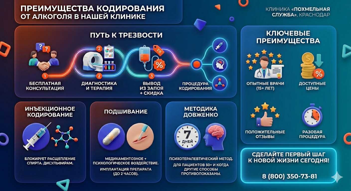 Инфографика о методах кодирования от алкоголя в Аскизе: инъекции, подшивание, метод Довженко. Преимущества клиники и этапы лечения.