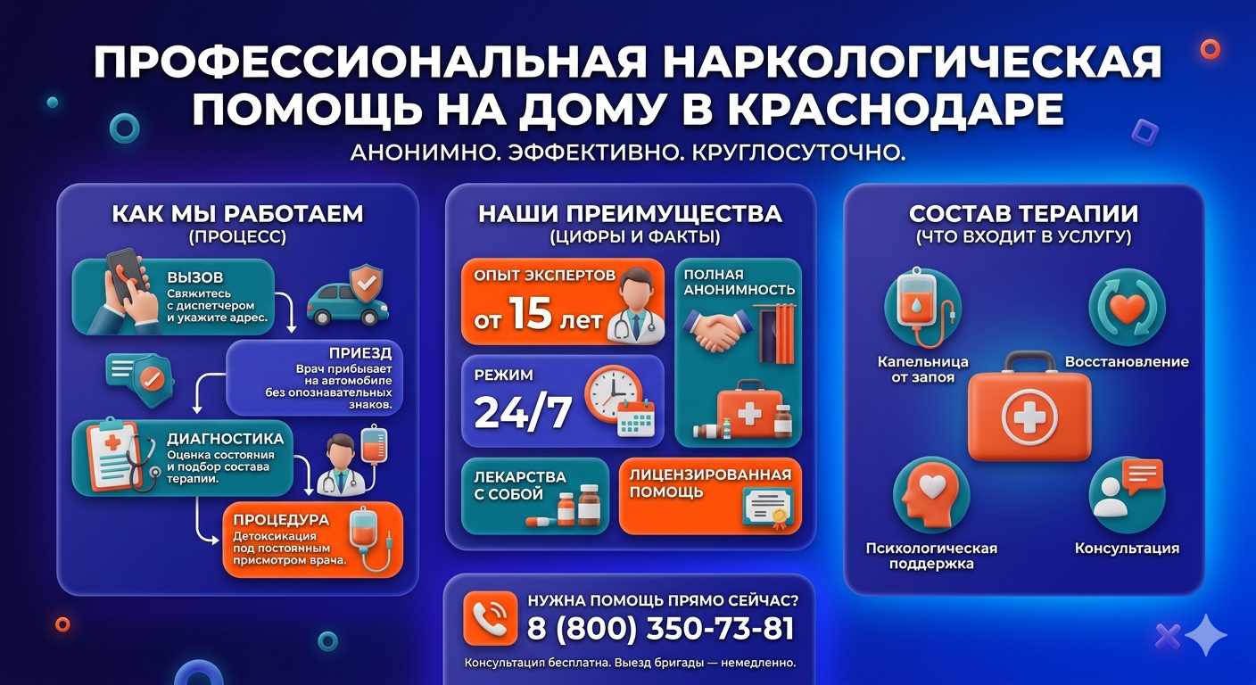 Инфографика о принципах лечения алкоголизма на дому в Аскизе: этапы вызова нарколога, преимущества анонимной детоксикации и состав медицинской помощи.